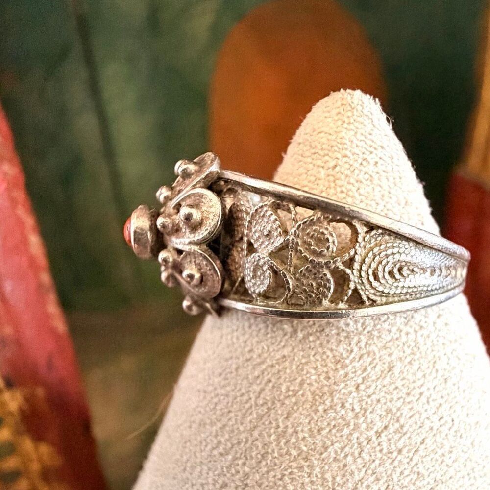 800 Silver Coral Filigree Adjustable Cuff Ring - Picture 3 of 8